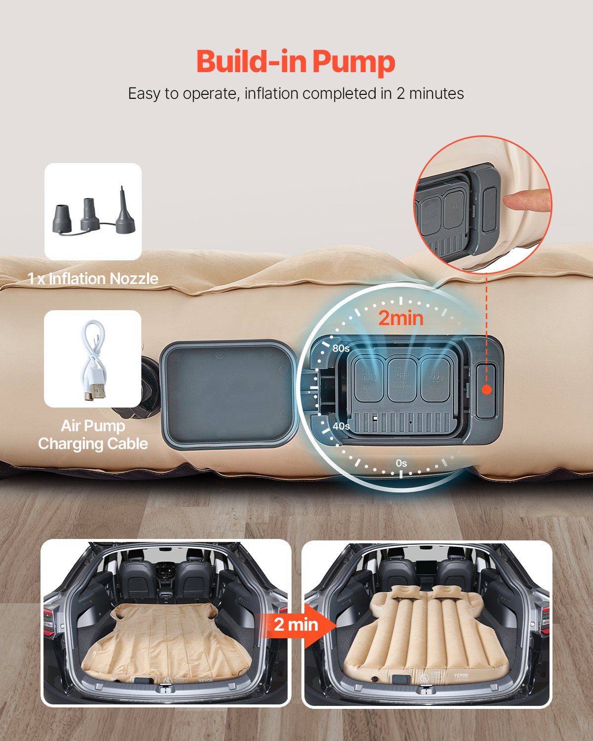 Car Air Mattress, Fits Tesla Model Y (2020-2024), Inflatable Car Camping Mattress, Flocking Thickened Blow Up Travel Beds, Durable Portable Sleeping Pad With Built In Pump, 2 Pillows, Beige