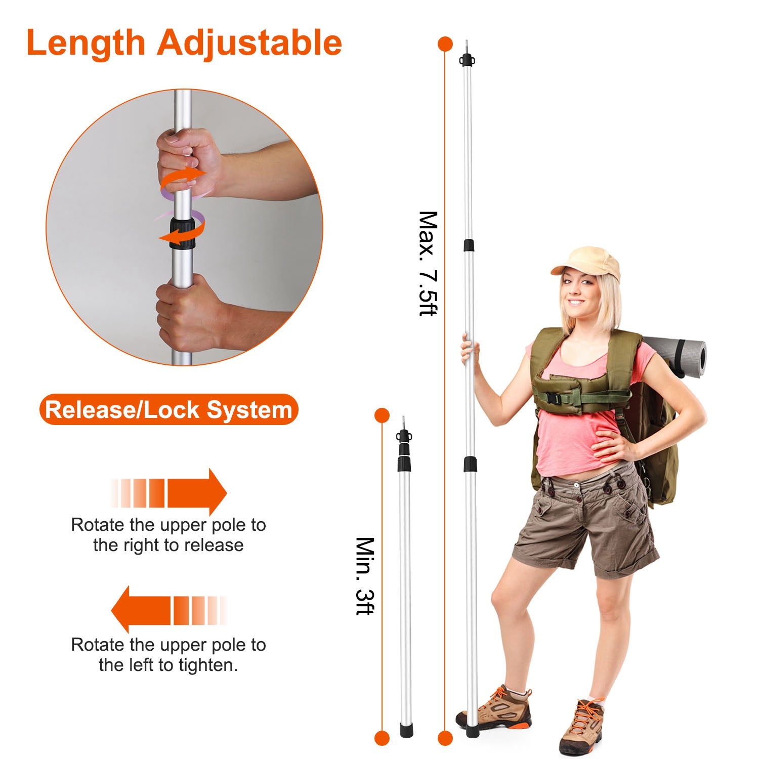 2Pcs Telescoping Tarp Poles Portable Aluminum Awning Poles 3FT To 7.5FT Adjustable Telescopic Tarp Tent Rods