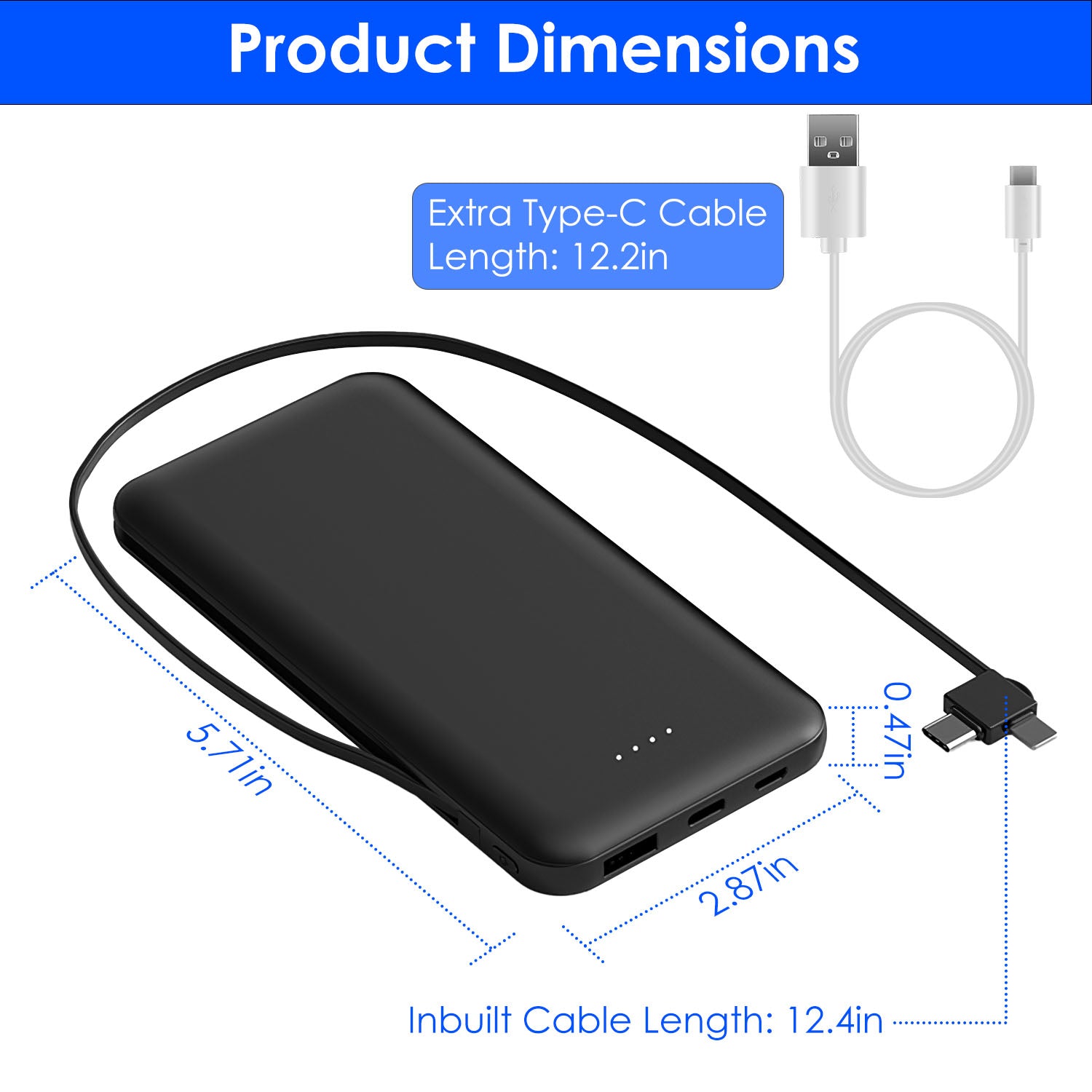 1Pc 10000mAh Power Bank Portable Phone Charger External Battery Pack With LT And Type C Double Ended Cable Type C USB Cable Fit For IOSPhone 14 Android And More