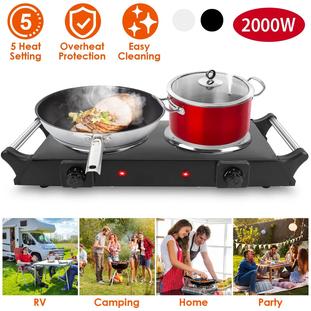2000W Electric Dual Burner Portable Coil Heating Hot Plate Stove Countertop RV Hotplate With 5 Temperature Adjustments Portable Handles - Free Shipping