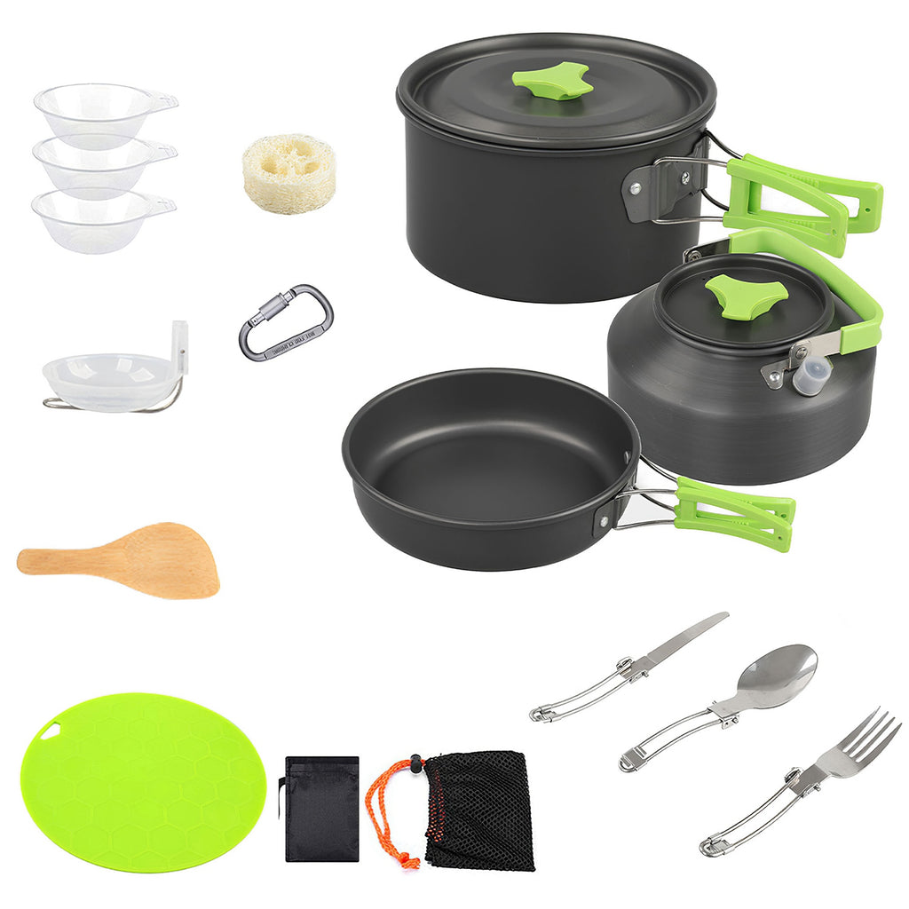16Pcs Camping Cooking Ware Set Camping Stove Cookware Kit Aluminum Pot Pan Kettle Set With Bowls Knife Fork Spoon Carabiner Spatula Cutting Board For Hiking Picnic Outdoor