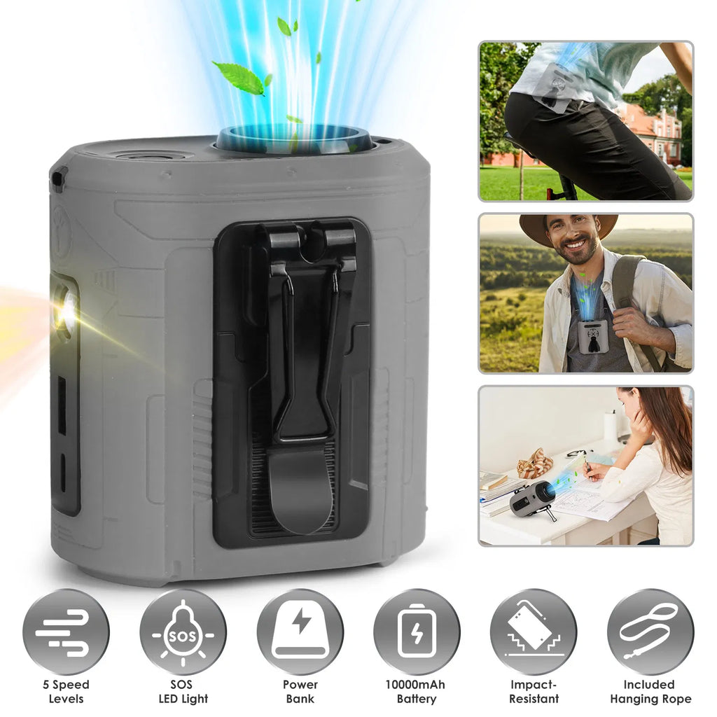 5 In 1 Portable Waist Clip Fan With 5 Speeds Flashlight Battery Operated Personal Wearable Turbo Belt Fan Hands-Free Neck Fan For Camping Travel Job Site
