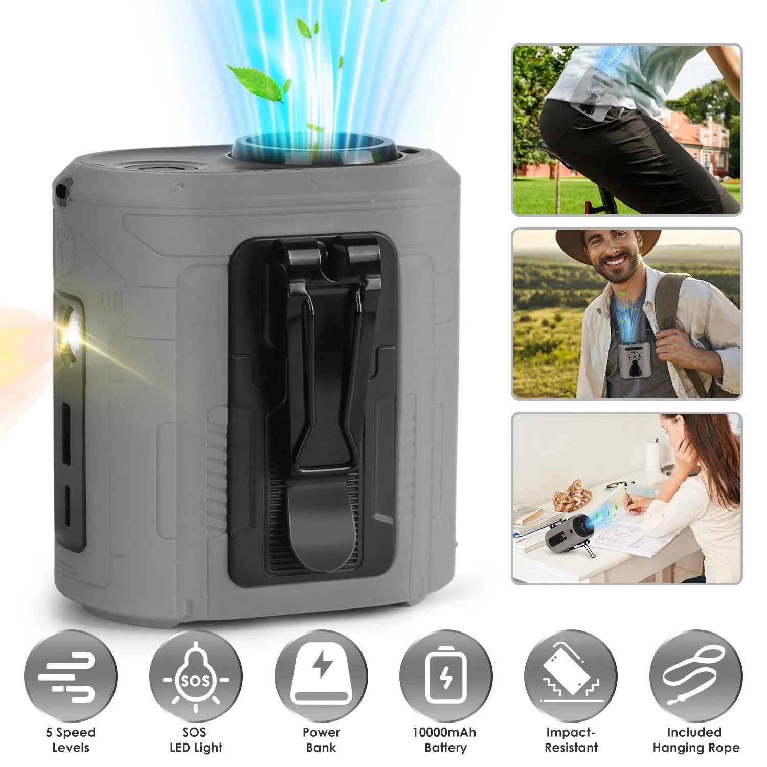 5 In 1 Portable Waist Clip Fan With 5 Speeds Flashlight Battery Operated Personal Wearable Turbo Belt Fan Hands-Free Neck Fan For Camping Travel Job Site