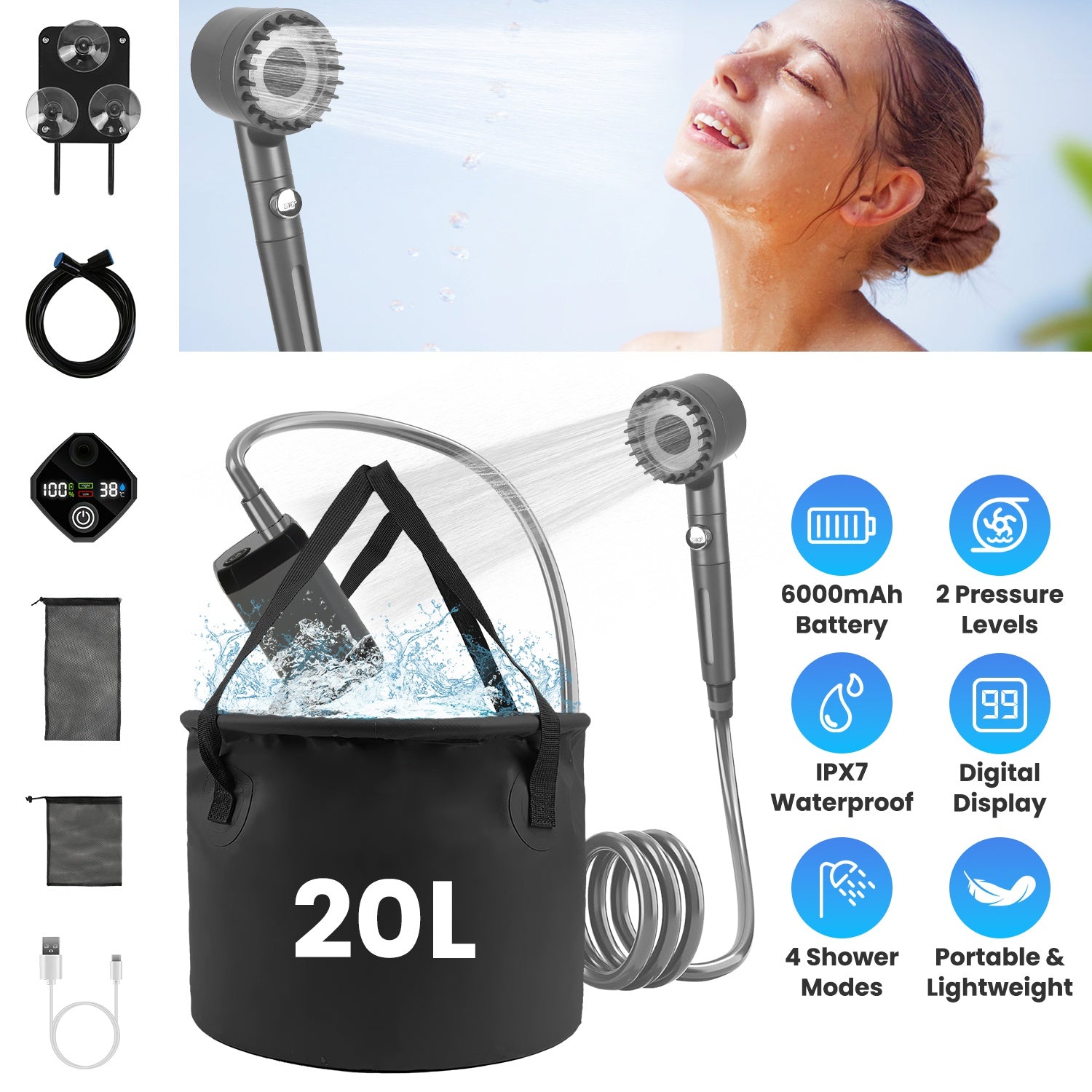 1Pc Portable Shower For Camping Include IPX7 Waterproof 6000mAh Rechargeable Shower Filtered Shower Head 5.3Gallon Foldable Bucket For Hiking Beach Travel Car Pet