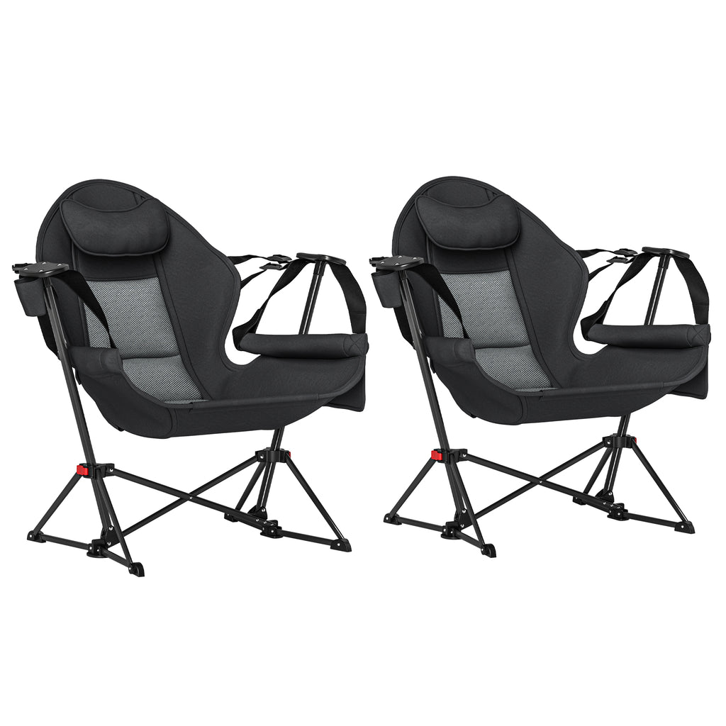 Camping Chair Set Of 2, Adjustable Back Folding Swinging Chair With Cup Holder And Padded Seat, Black