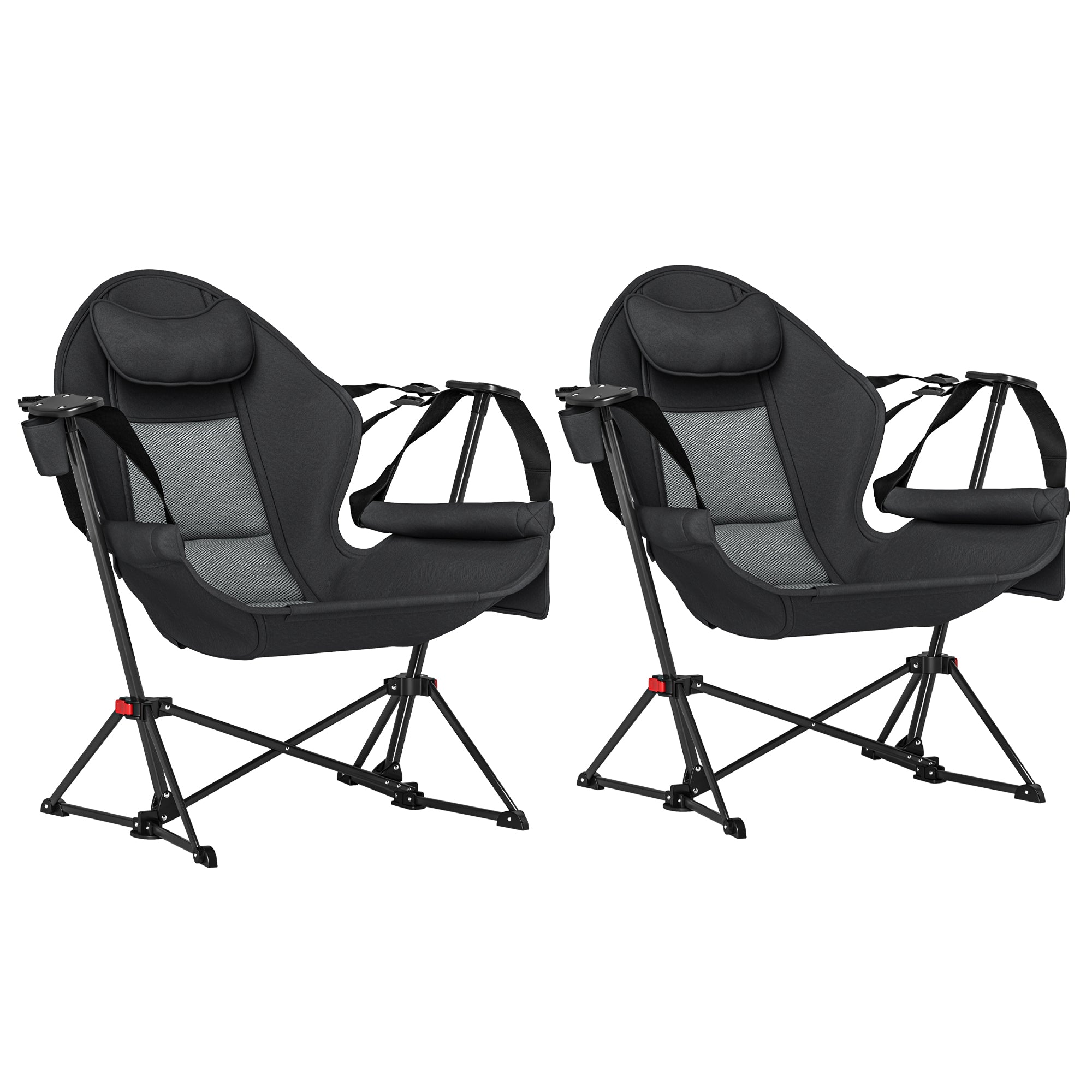Camping Chair Set Of 2, Adjustable Back Folding Swinging Chair With Cup Holder And Padded Seat, Black