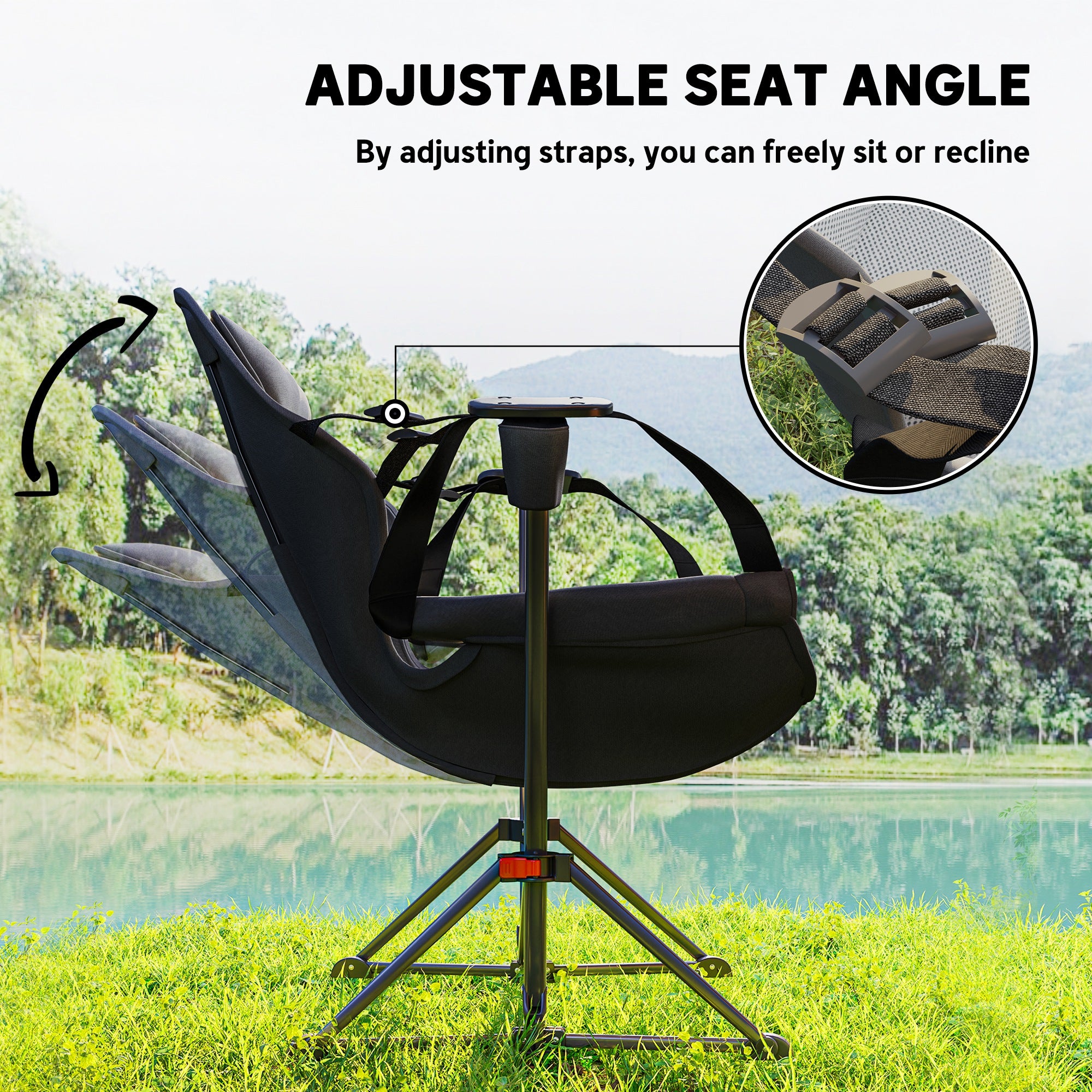 Camping Chair Set Of 2, Adjustable Back Folding Swinging Chair With Cup Holder And Padded Seat, Black