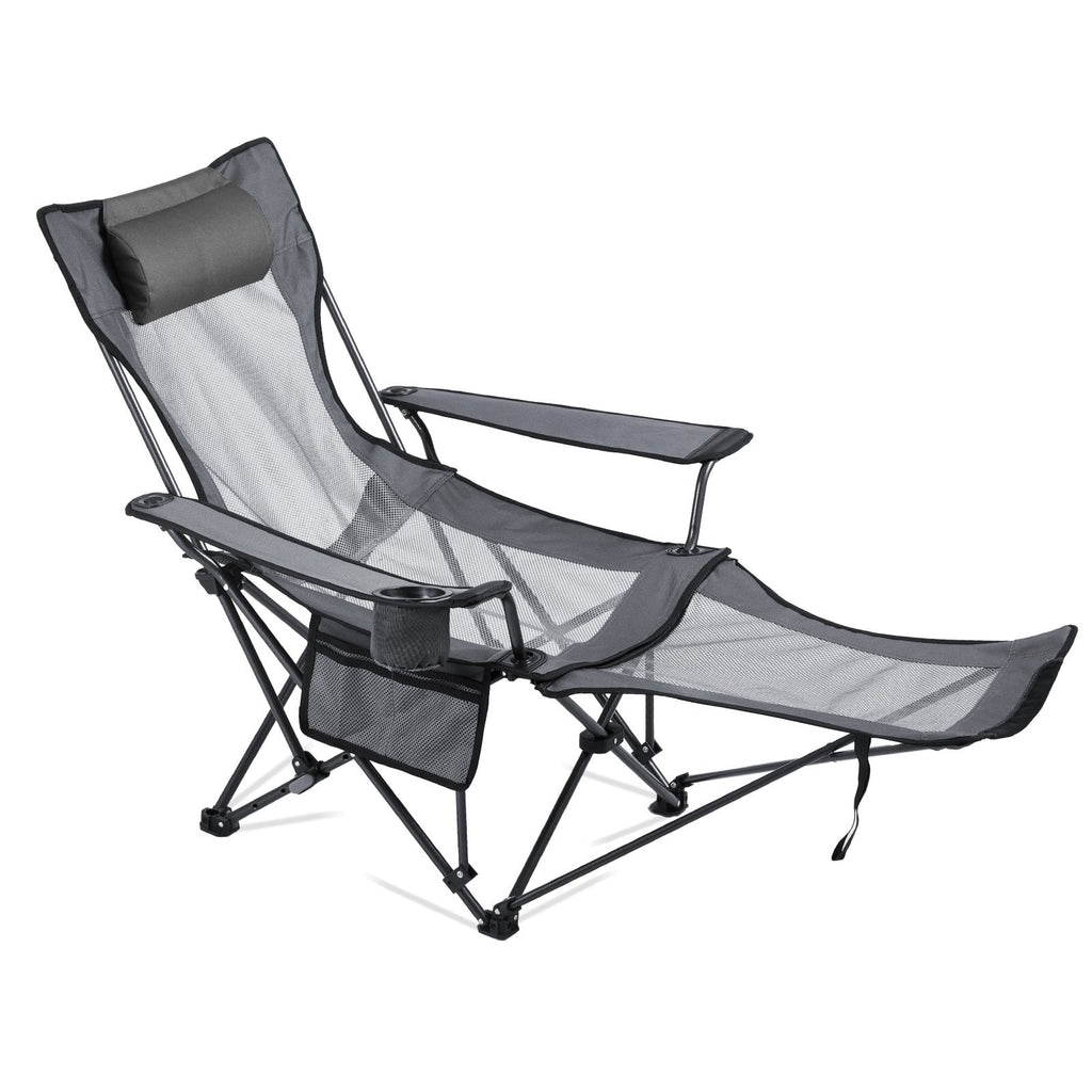 Reclining Camping Chair, 4 Adjustable Positions, Portable Folding Lounger For Adults, Mesh Beach Chair With Headrest & Foot Rest, Supports 220 Lbs, Heavy Duty Camp Chairs For Patio, Gray