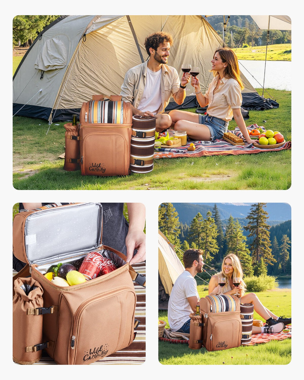 Beach Picnic Backpack Bag For 4 Person With Cooler Compartment Brown