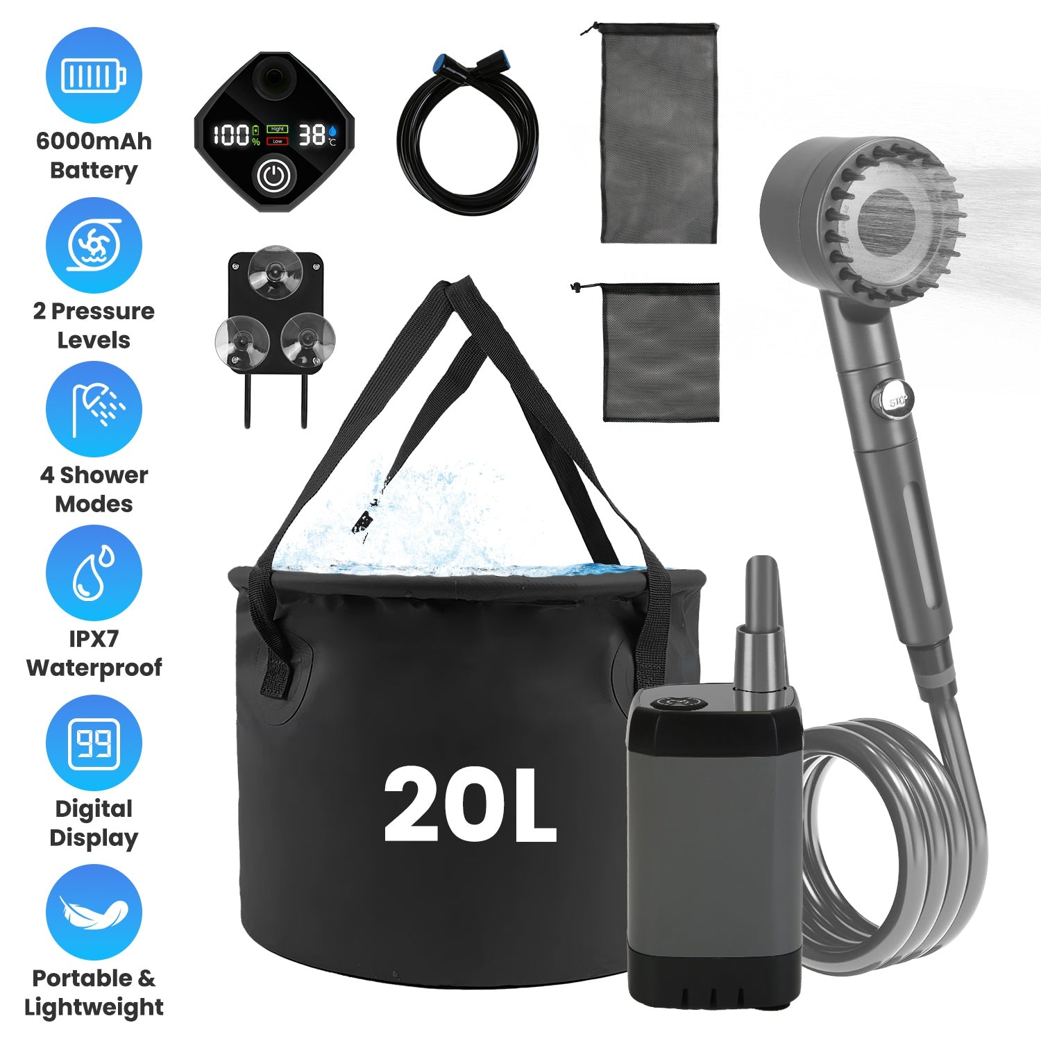 1Pc Portable Shower For Camping Include IPX7 Waterproof 6000mAh Rechargeable Shower Filtered Shower Head 5.3Gallon Foldable Bucket For Hiking Beach Travel Car Pet