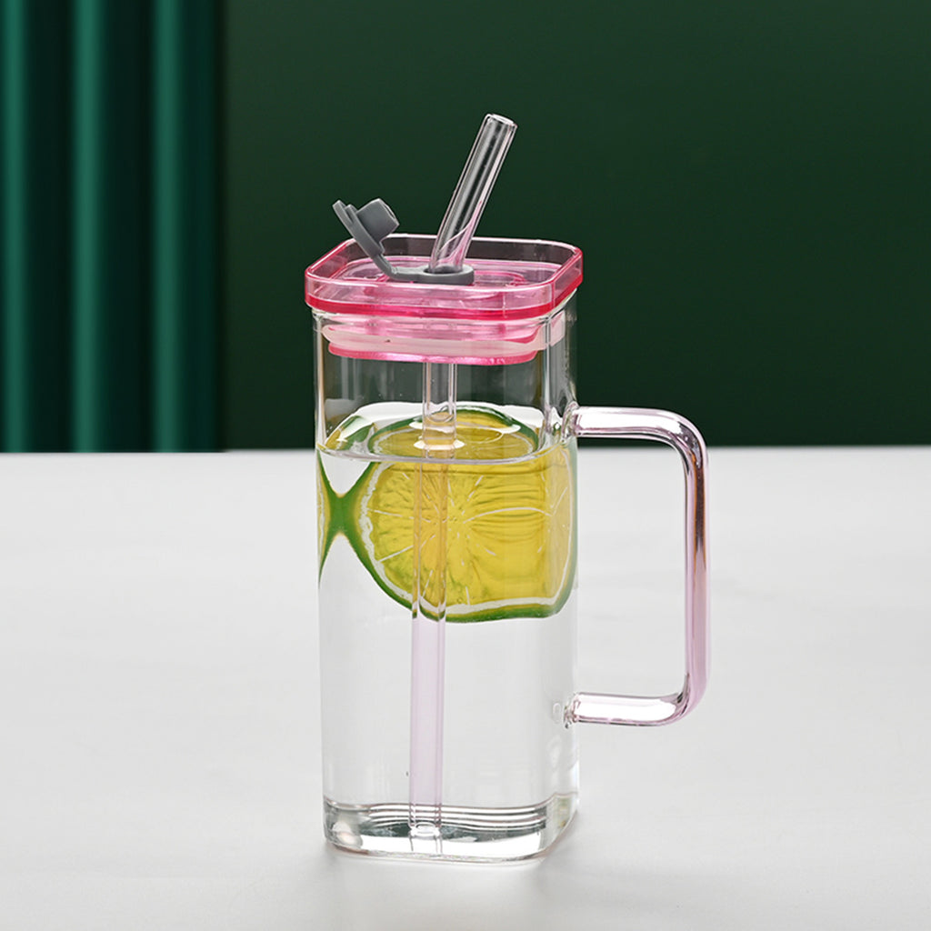 1 Pcs Green Glass Straw Cup, 6 Colors Square Glass Cup With Straw And Lid, High Borosilicate Glass Cup, Milk Cup, Juice Cup, Cold Drink Cup, Coffee Cup, Tea Cup, Office Cup, Gift Cup