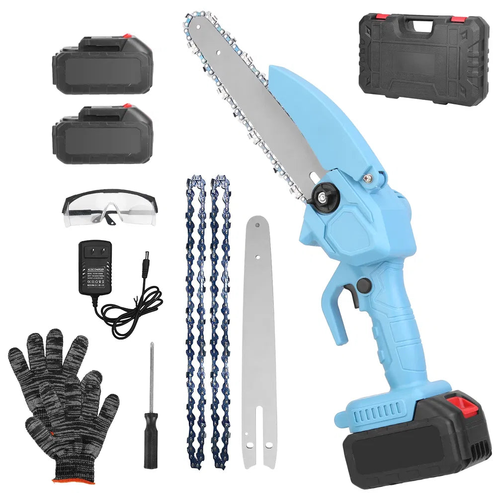 Electric Mini Chainsaw Portable Handheld Cordless Small Chain Saw Battery Powered With 2Pcs 1200mAh Rechargeable Batteries 8in Chains Gloves Goggles For Pruning Trees Wood Cutting