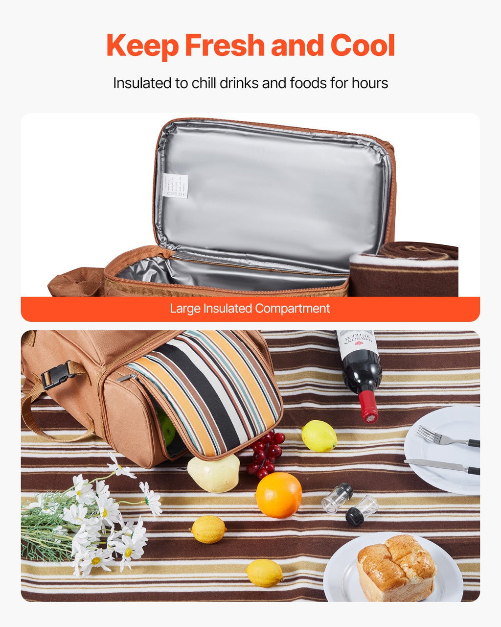 Beach Picnic Backpack Bag For 4 Person With Cooler Compartment Brown