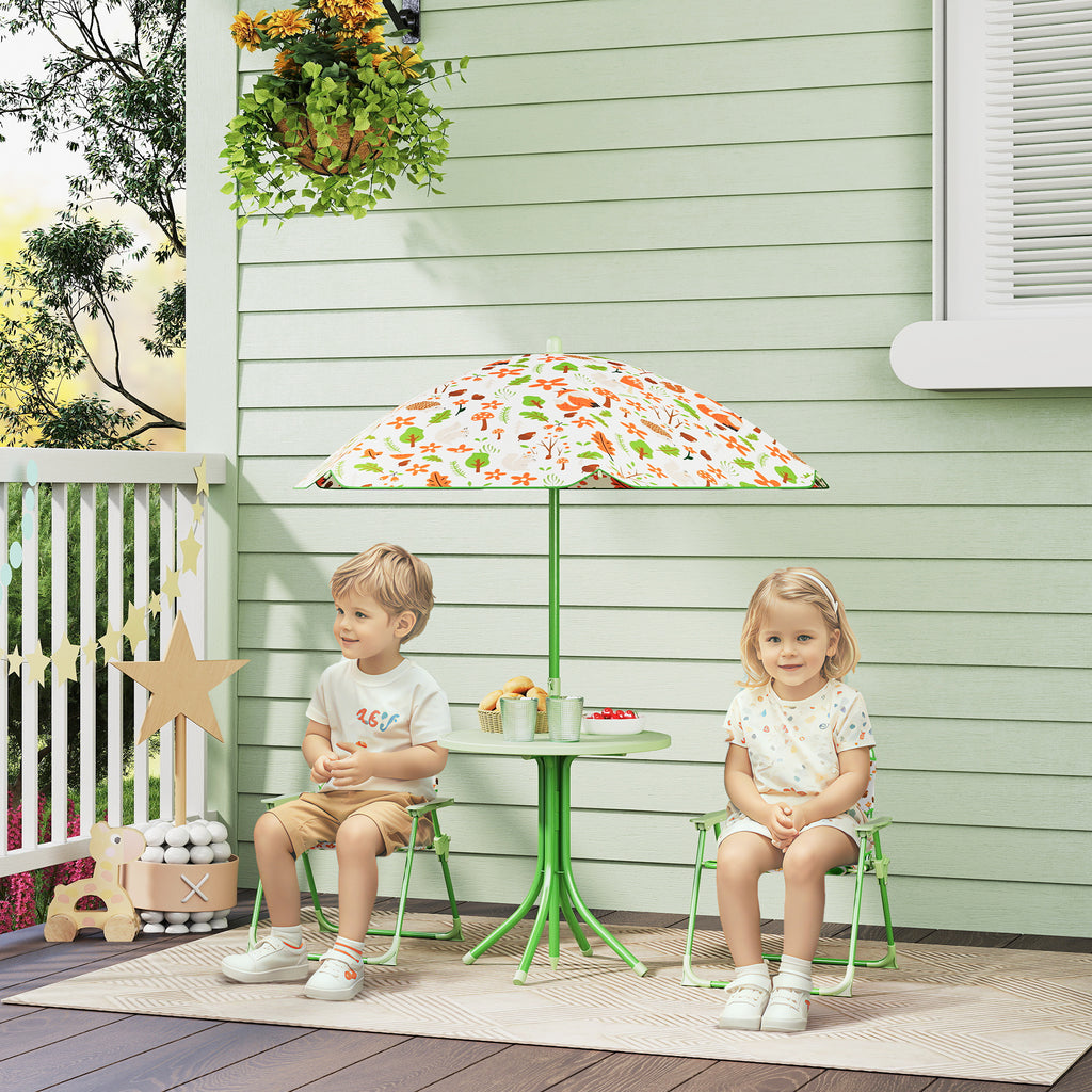Kids Picnic Table and Chair Set, Outdoor Activity Table with Foldable Chairs, Removable Umbrella for Backyard, Green