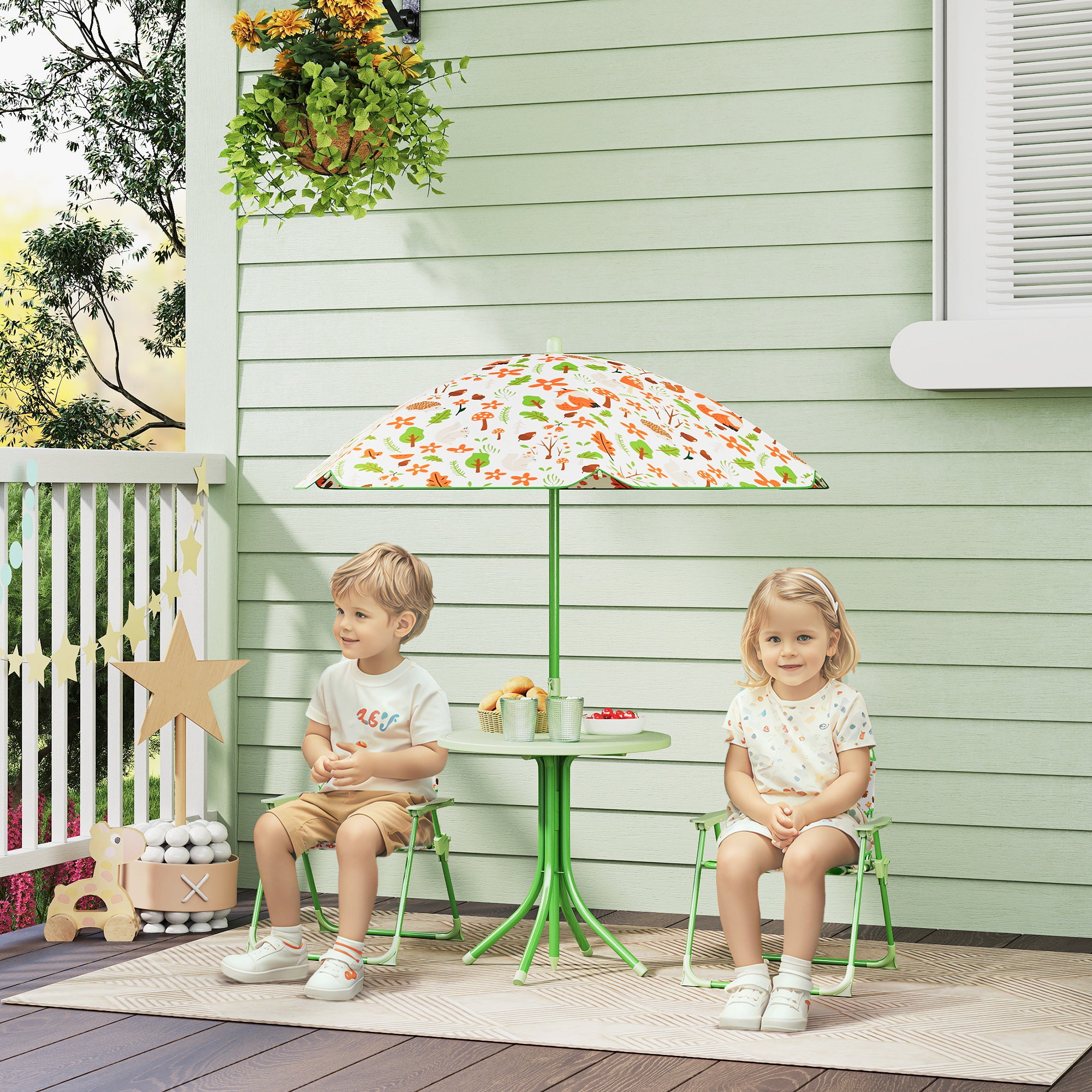 Kids Picnic Table and Chair Set, Outdoor Activity Table with Foldable Chairs, Removable Umbrella for Backyard, Green