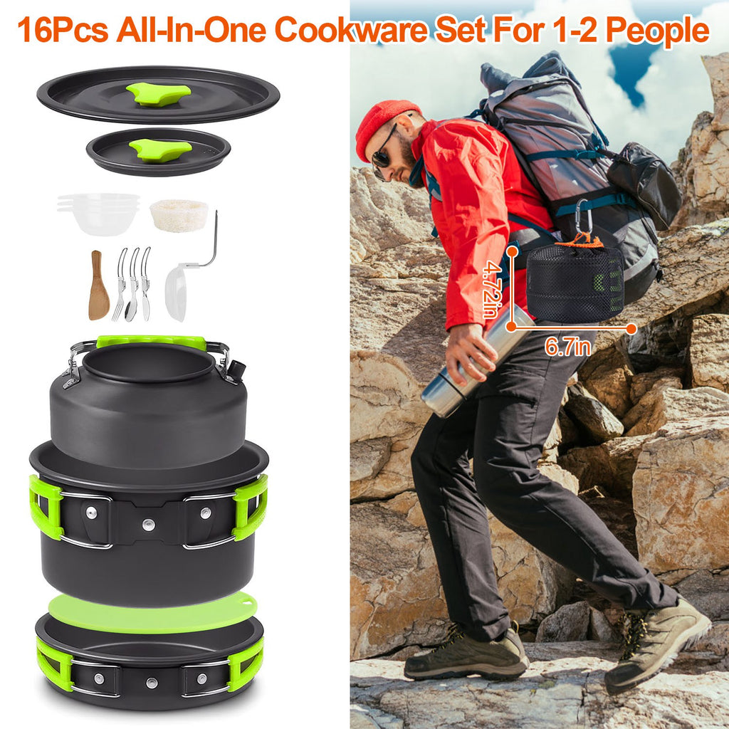 16Pcs Camping Cooking Ware Set Camping Stove Cookware Kit Aluminum Pot Pan Kettle Set With Bowls Knife Fork Spoon Carabiner Spatula Cutting Board For Hiking Picnic Outdoor