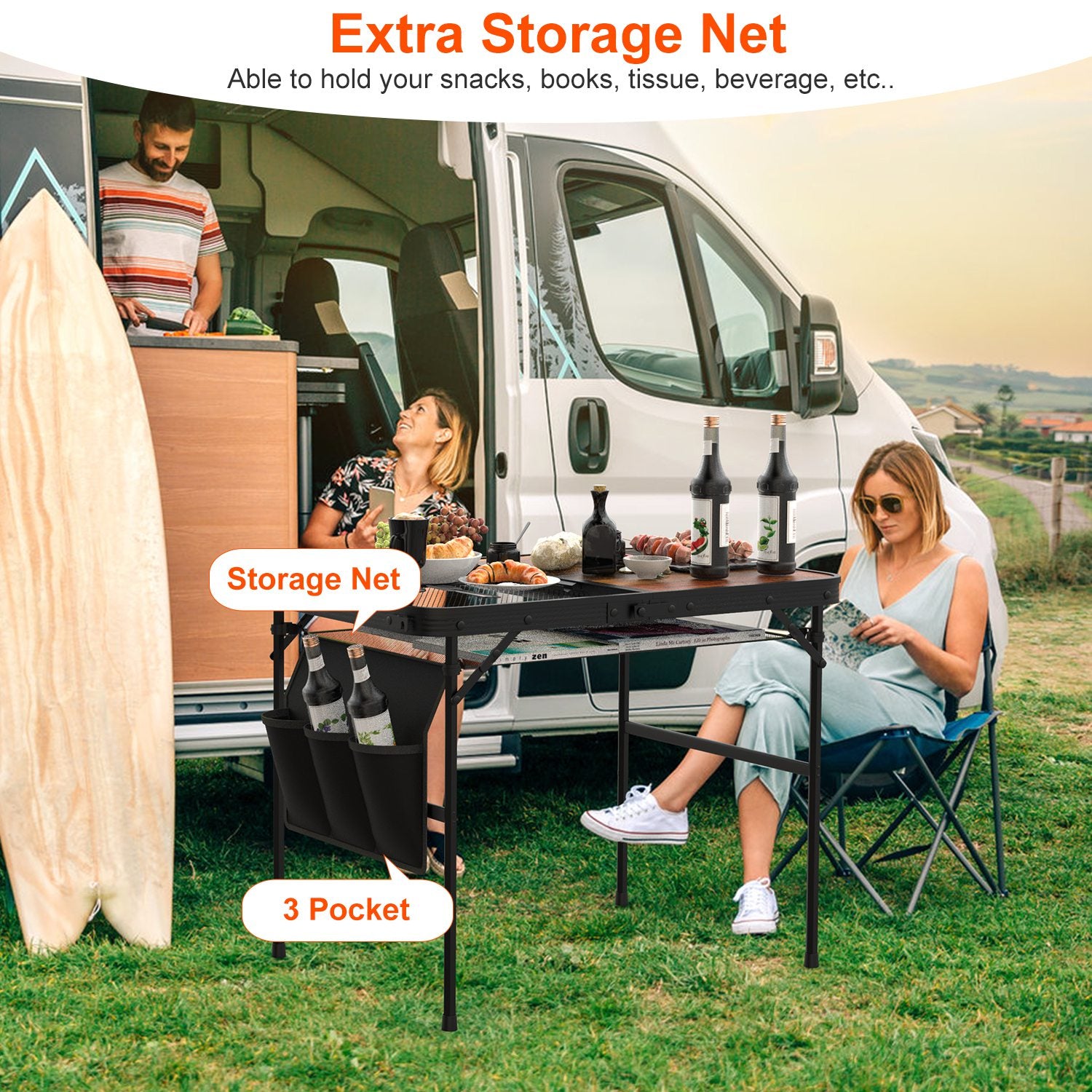 1Pc 35.43x23.62x26in Foldable Camping Table Collapsible Picnic Aluminum Alloy Grill Stand 66LBS Max Load Height Adjustable BBQ Table With Adjustable Height Storage Net