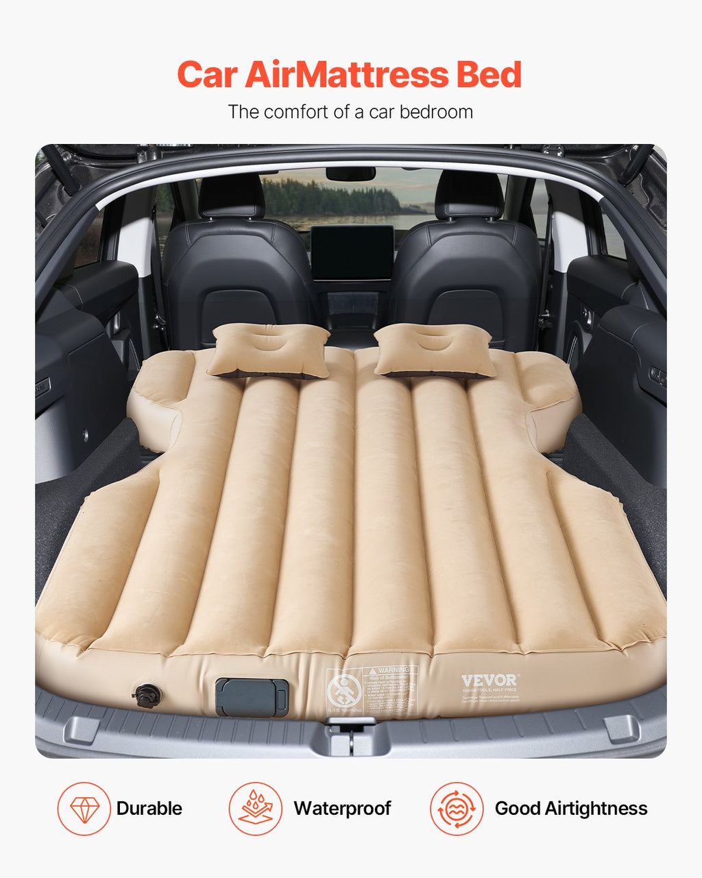 Car Air Mattress, Fits Tesla Model Y (2020-2024), Inflatable Car Camping Mattress, Flocking Thickened Blow Up Travel Beds, Durable Portable Sleeping Pad With Built In Pump, 2 Pillows, Beige