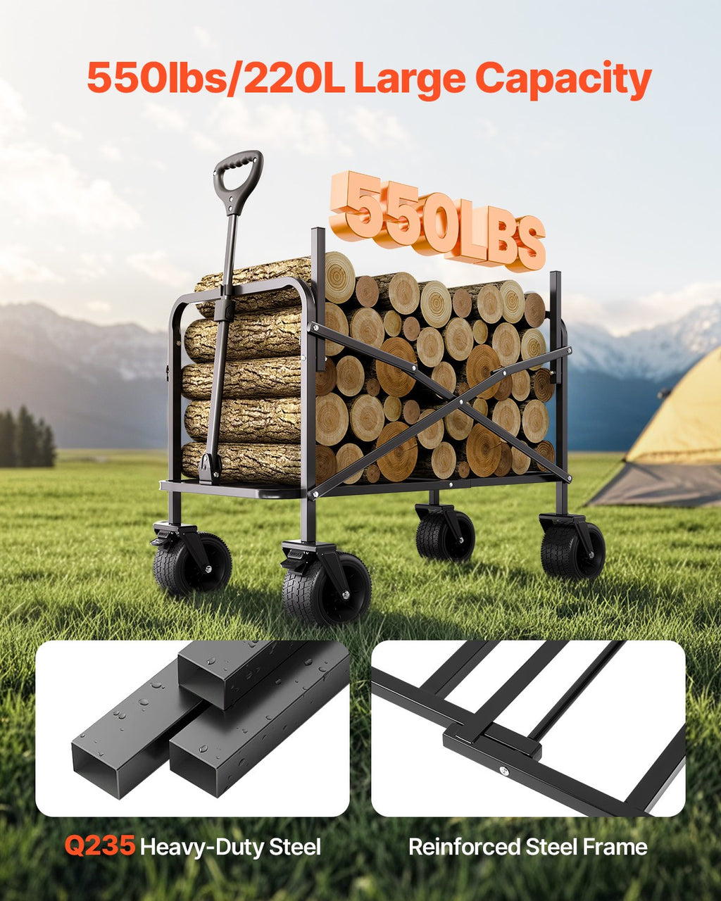 Foldable Wagon Cart Converts To Bench 550lb Load & 220L Utility Wagon For Camp