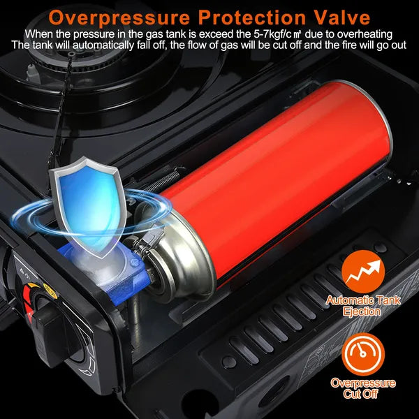 3300W Portable Camping Stove Butane Canister Dual Fuel Burner Piezo Electric Ignition Single Burner With Automatic Tank Ejection Overpressure Cut Off Carry Case