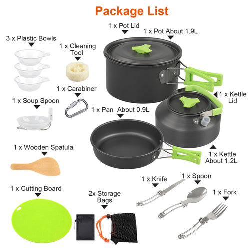 16Pcs Camping Cooking Ware Set Camping Stove Cookware Kit Aluminum Pot Pan Kettle Set With Bowls Knife Fork Spoon Carabiner Spatula Cutting Board For Hiking Picnic Outdoor