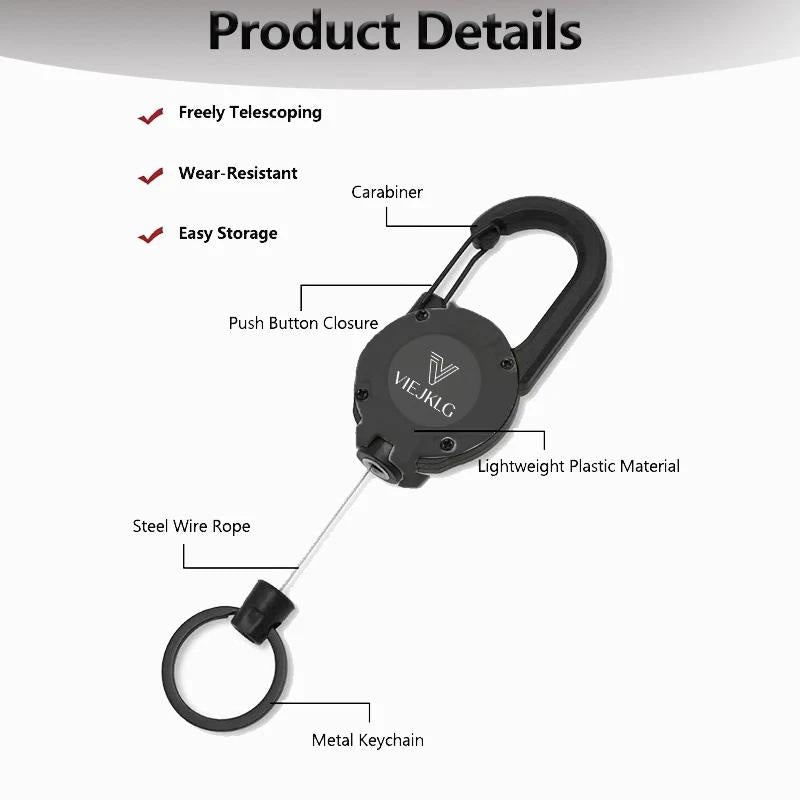VIEJAKLG 3-in-1 Retractable Rope Carabiner Keychain, Strong Steel Wire Rope Buckle, Compact Outdoor Camping And Hiking Multifunctional Essential Item