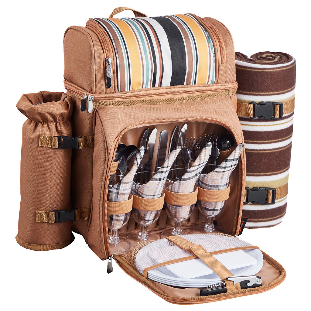 Beach Picnic Backpack Bag For 4 Person With Cooler Compartment Brown