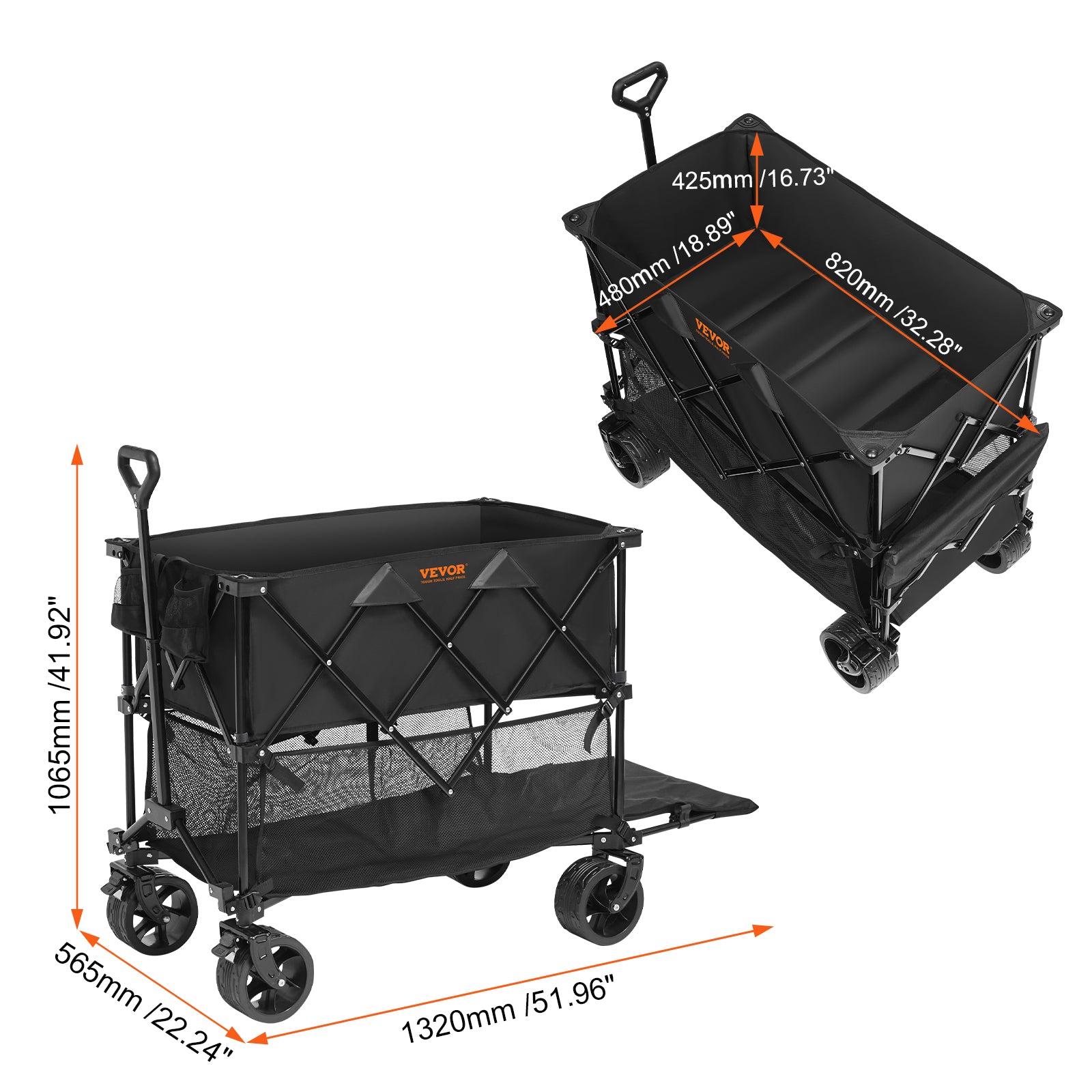 VEVOR Foldable Double Decker Wagon, 400L Collapsible Wagon Cart With All-Terrain Wheels, Heavy Duty Folding Wagon Cart 450 Lbs Weight Capacity For Camping, Shopping, Garden,