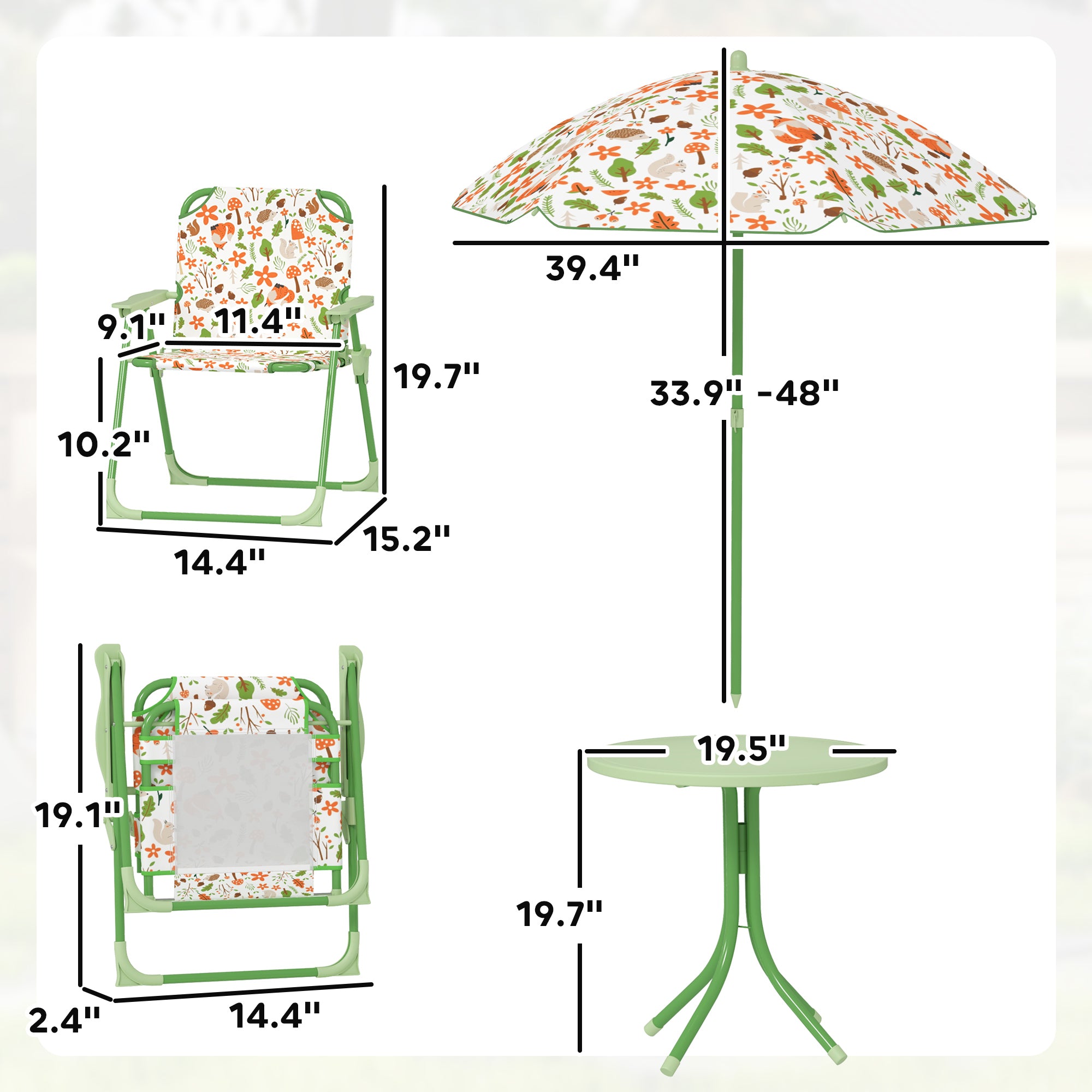Kids Picnic Table and Chair Set, Outdoor Activity Table with Foldable Chairs, Removable Umbrella for Backyard, Green
