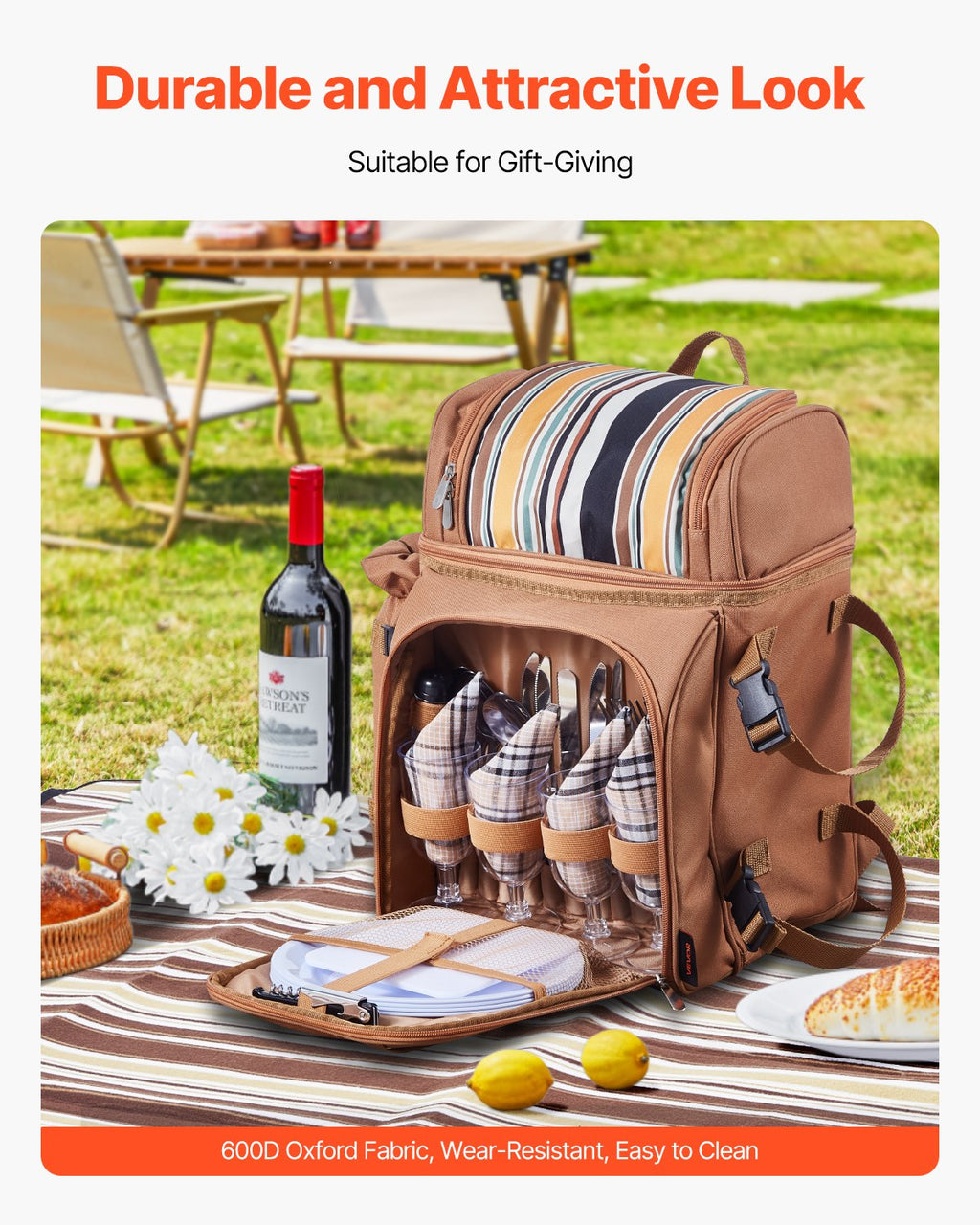 Beach Picnic Backpack Bag For 4 Person With Cooler Compartment Brown