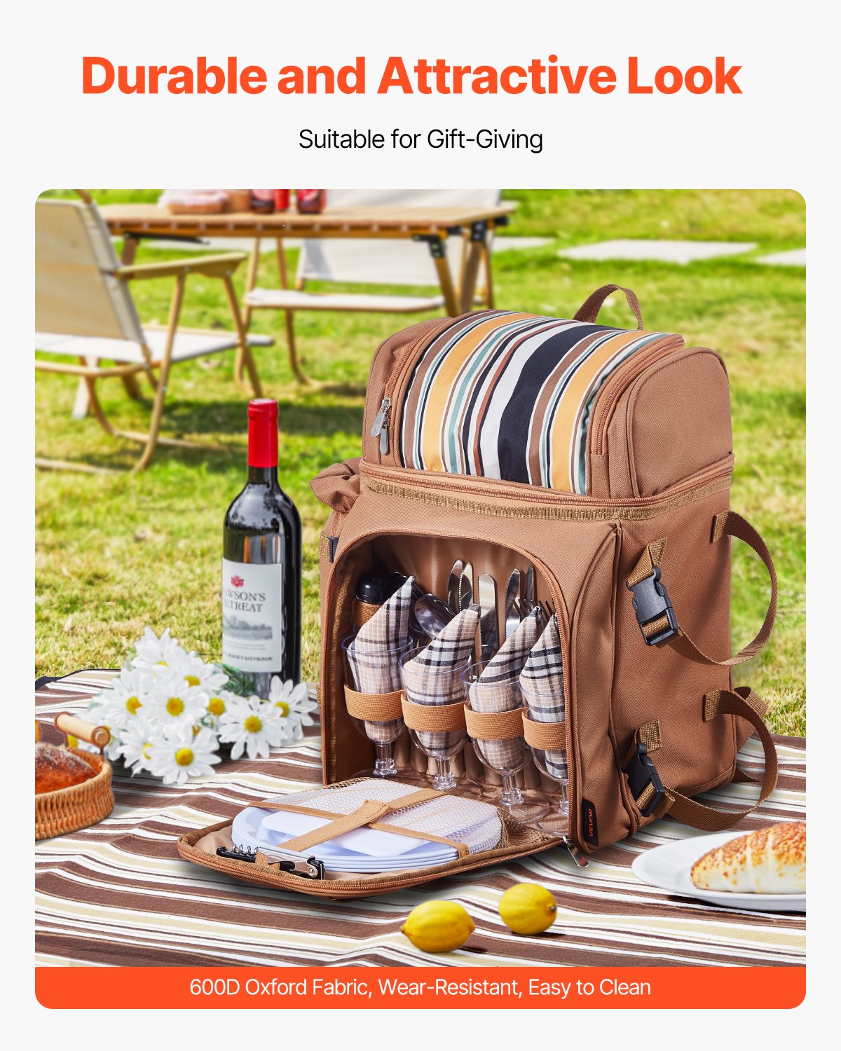 Beach Picnic Backpack Bag For 4 Person With Cooler Compartment Brown