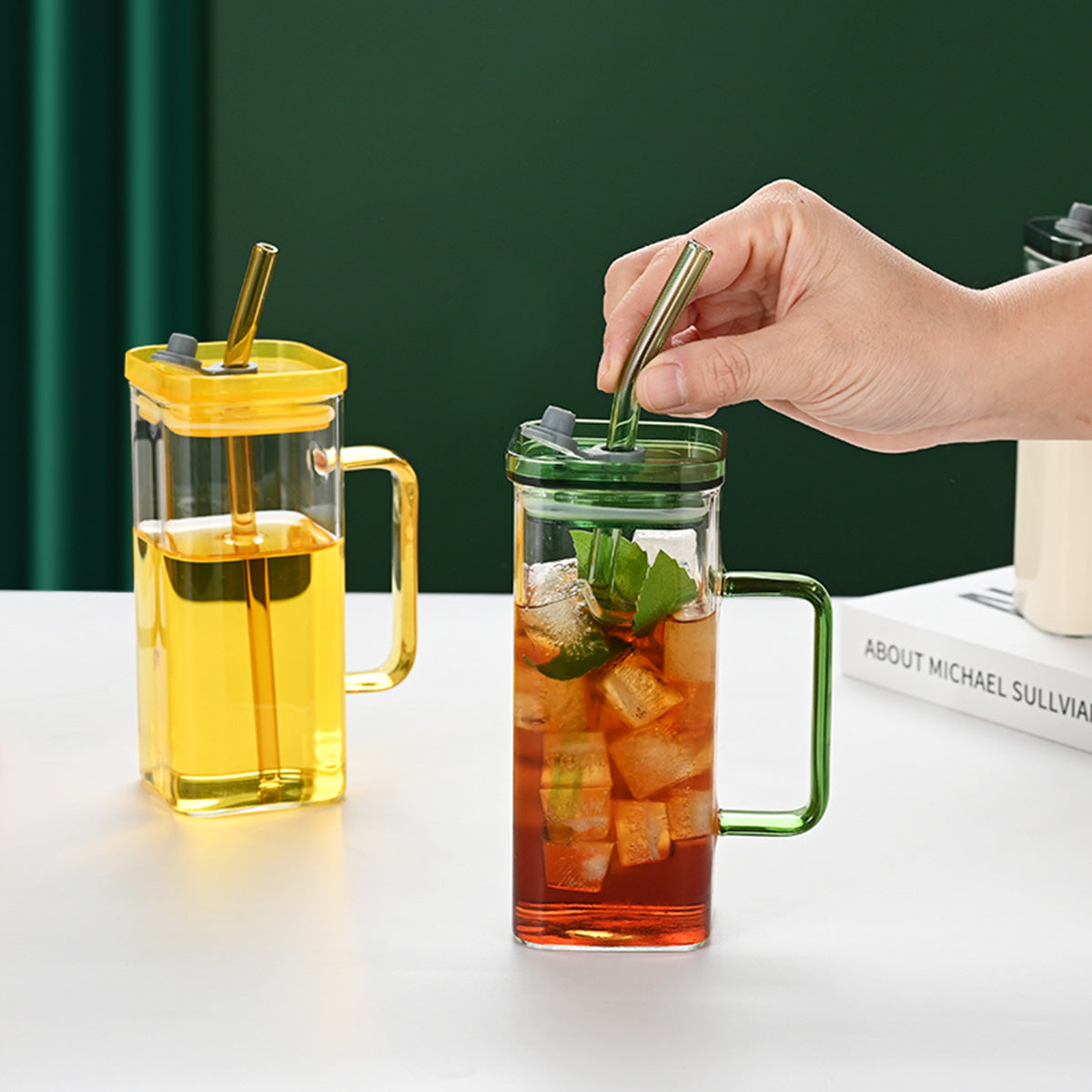 1 Pcs Green Glass Straw Cup, 6 Colors Square Glass Cup With Straw And Lid, High Borosilicate Glass Cup, Milk Cup, Juice Cup, Cold Drink Cup, Coffee Cup, Tea Cup, Office Cup, Gift Cup