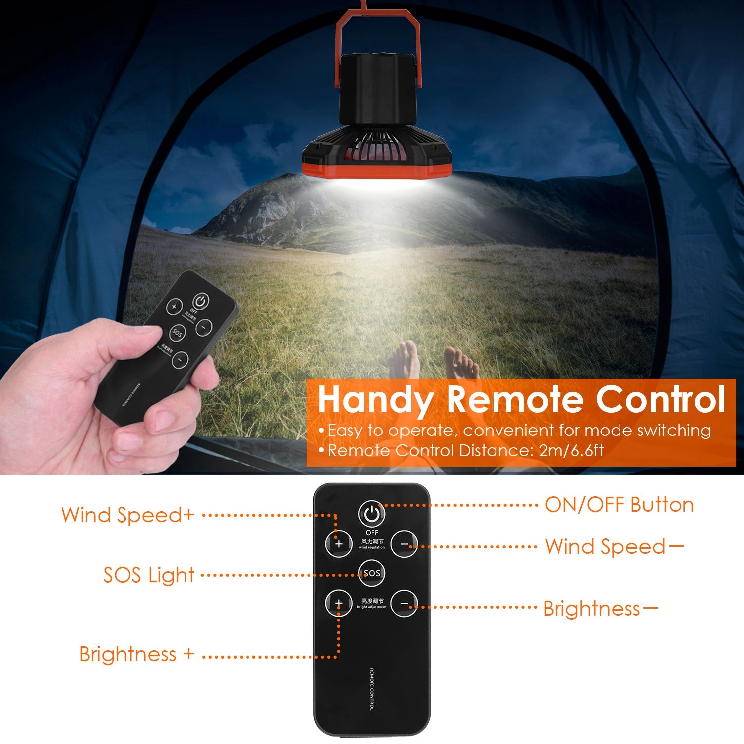 Portable Camping Lantern Fan Battery Powered Hanging Fan USB Rechargeable Tent Fan With 4 Light Modes 3 Wind Modes Emergency Power Bank Remote Control Hanging Hook