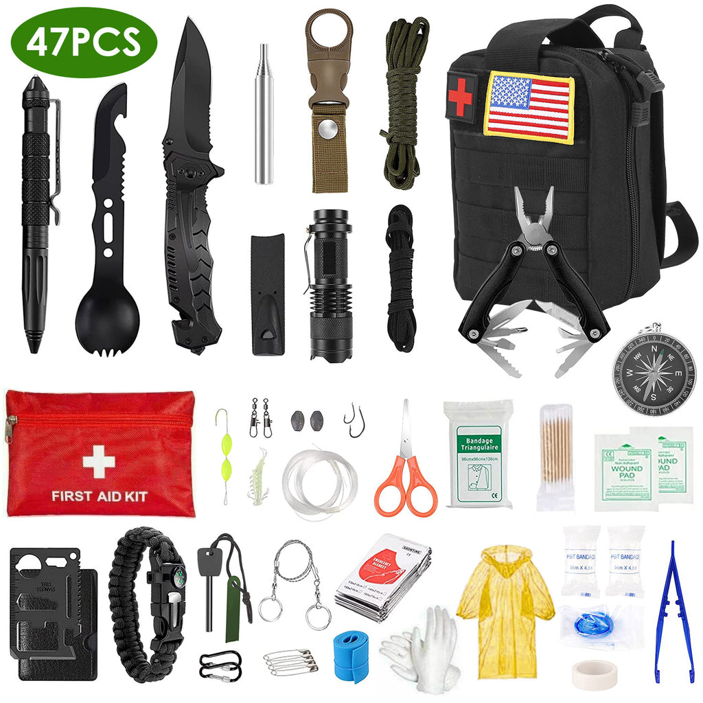 47Pcs Emergency Survival Kit Survival EDC Gear Equipment Tool First Aid Supplies Kit Tools With Pouch For Hiking Hunting Disaster Camping Adventure
