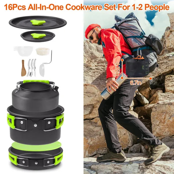 Set Of 16Pcs Camping Cooking Ware Camping Stove Cookware Kit Aluminum Kettle With Bowls Knife Fork Spoon Carabiner Spatula Cutting Board For Hiking Picnic Outdoor