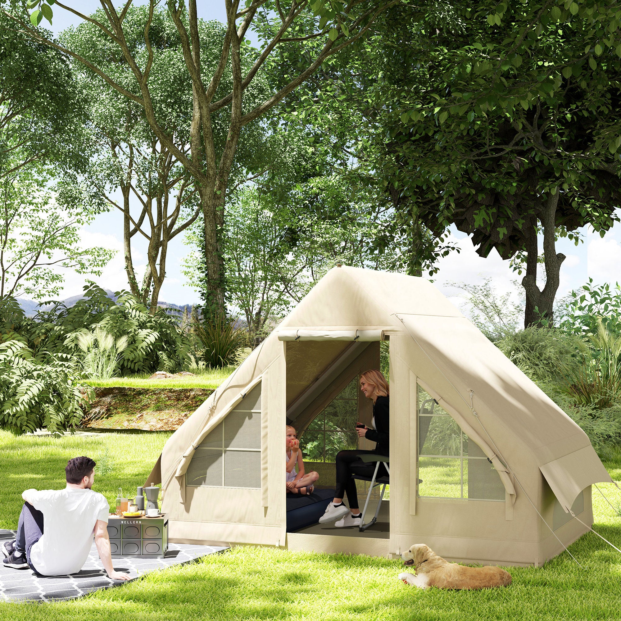 Inflatable Camping Tent With Hand Pump, 4 Season Blow Up Tent, Waterproof And Windproof With Mesh Windows And Doors