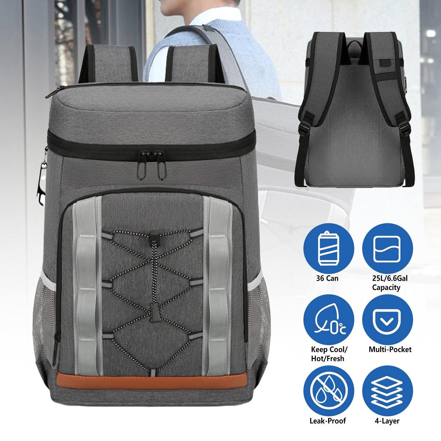 Grey-Black Options 1Pc Cooler Backpack 36 Can Leakproof Insulated Cooler Backpack With 25L 6.6Gal For Picnic Camping Beach Hiking Fishing Travel