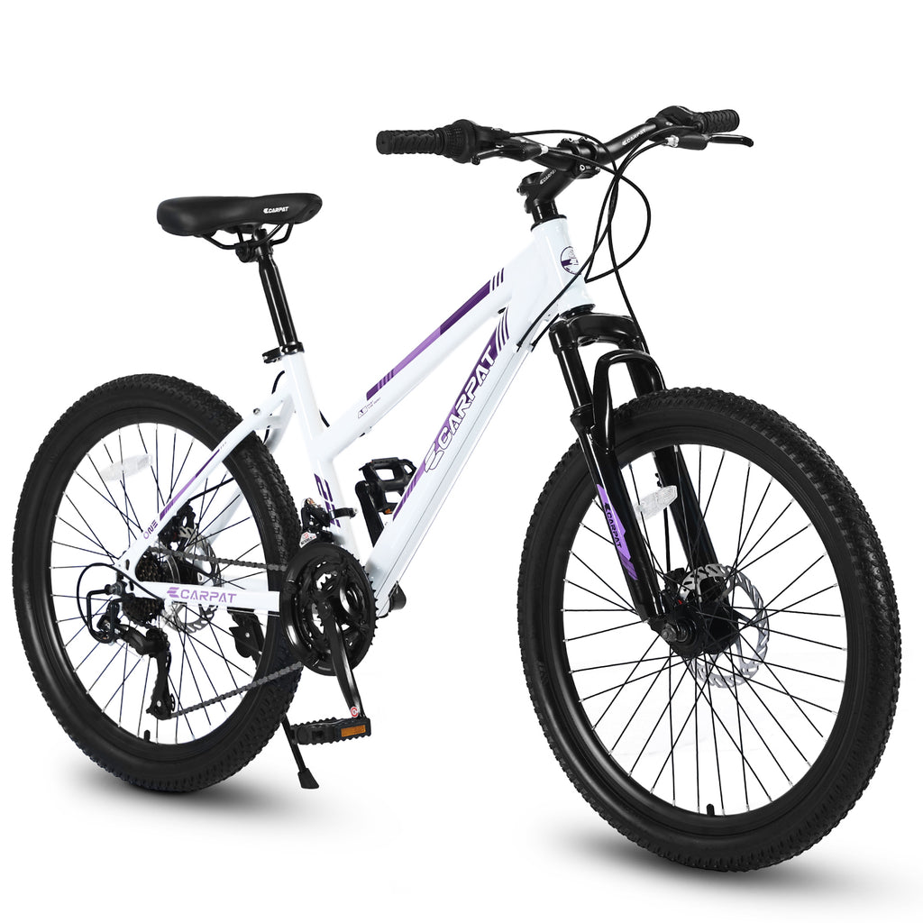 S24103  24 Inch Mountain Bike For Teenagers Girls Women, Shimano 21 Speeds With Dual Disc Brakes And 100mm Front Suspension, White-Pink