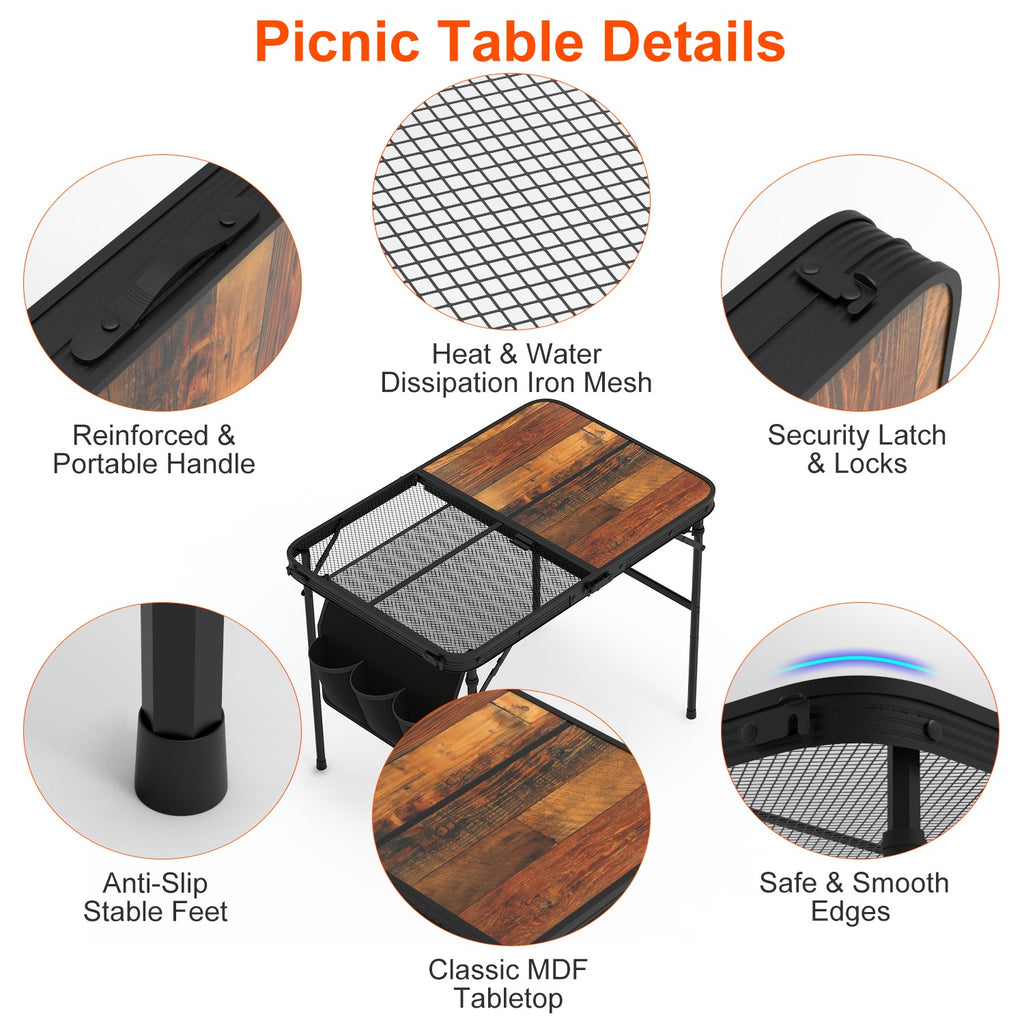 1Pc 35.43x23.62x26in Foldable Camping Table Collapsible Picnic Aluminum Alloy Grill Stand 66LBS Max Load Height Adjustable BBQ Table With Adjustable Height Storage Net