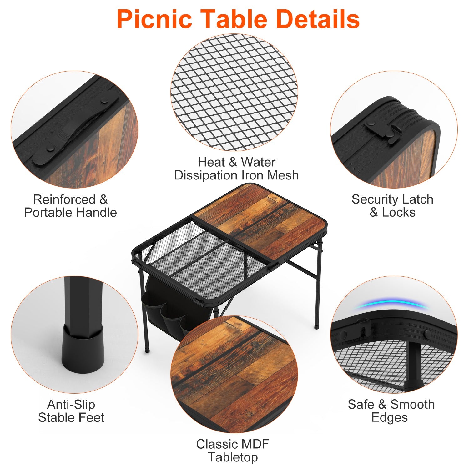 1Pc 35.43x23.62x26in Foldable Camping Table Collapsible Picnic Aluminum Alloy Grill Stand 66LBS Max Load Height Adjustable BBQ Table With Adjustable Height Storage Net