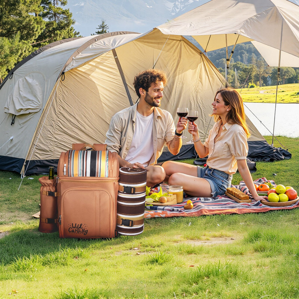 Beach Picnic Backpack Bag For 4 Person With Cooler Compartment Brown
