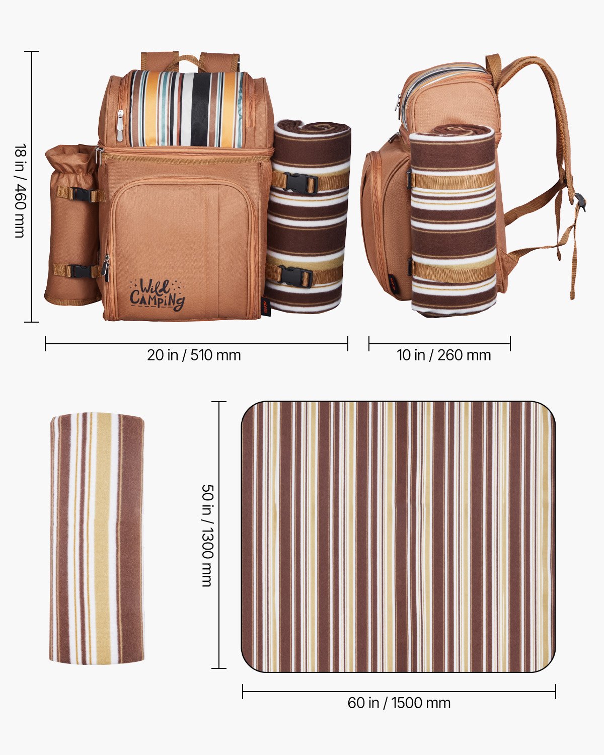 Beach Picnic Backpack Bag For 4 Person With Cooler Compartment Brown