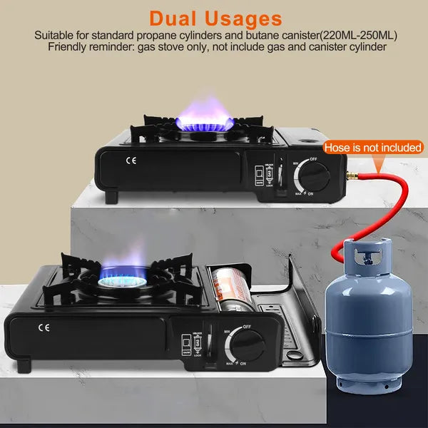 3300W Portable Camping Stove Butane Canister Dual Fuel Burner Piezo Electric Ignition Single Burner With Automatic Tank Ejection Overpressure Cut Off Carry Case