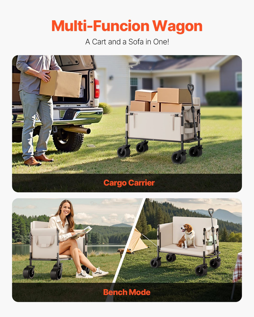 Foldable Wagon Cart Converts To Bench 550lb Load & 220L Utility Wagon For Camp