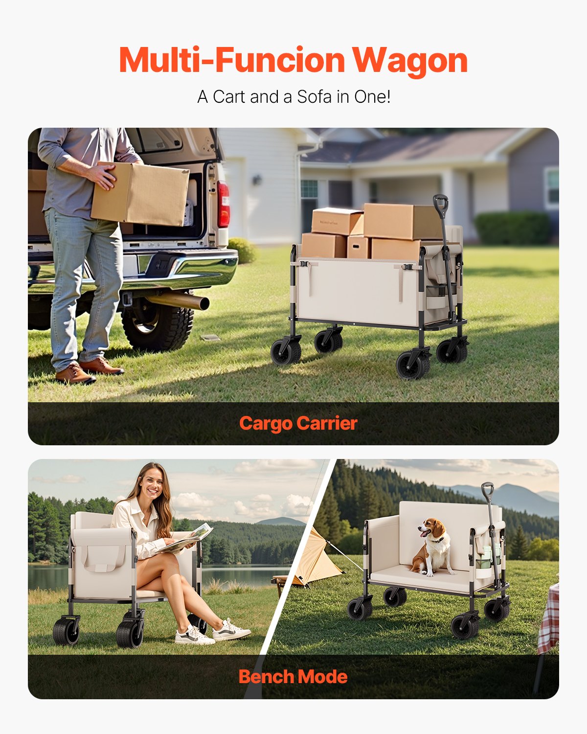 Foldable Wagon Cart Converts To Bench 550lb Load & 220L Utility Wagon For Camp