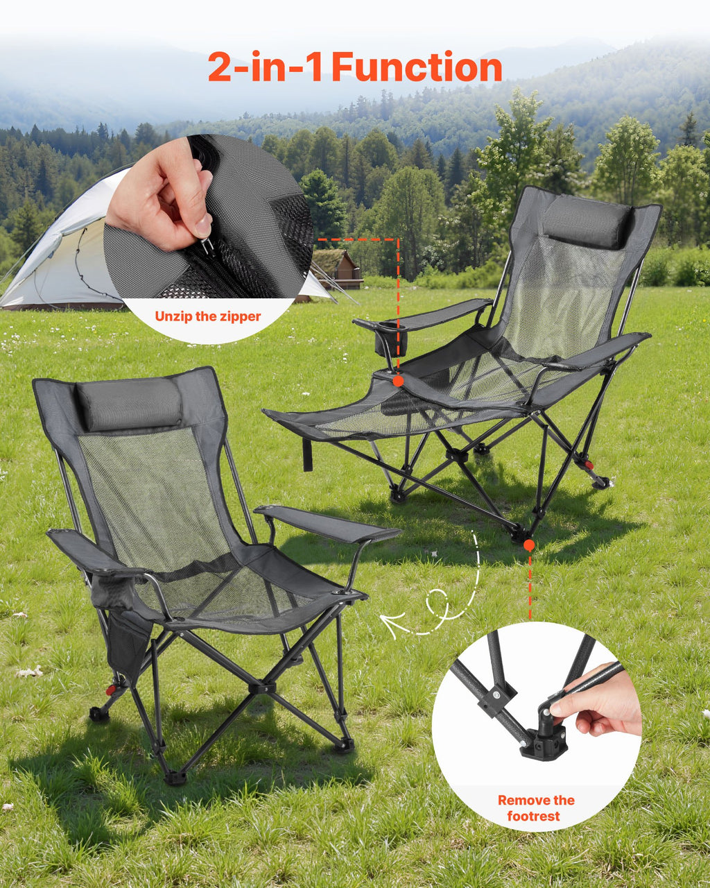 Reclining Camping Chair, 4 Adjustable Positions, Portable Folding Lounger For Adults, Mesh Beach Chair With Headrest & Foot Rest, Supports 220 Lbs, Heavy Duty Camp Chairs For Patio, Gray