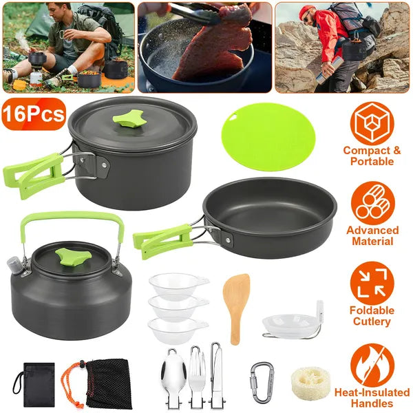 Set Of 16Pcs Camping Cooking Ware Camping Stove Cookware Kit Aluminum Kettle With Bowls Knife Fork Spoon Carabiner Spatula Cutting Board For Hiking Picnic Outdoor