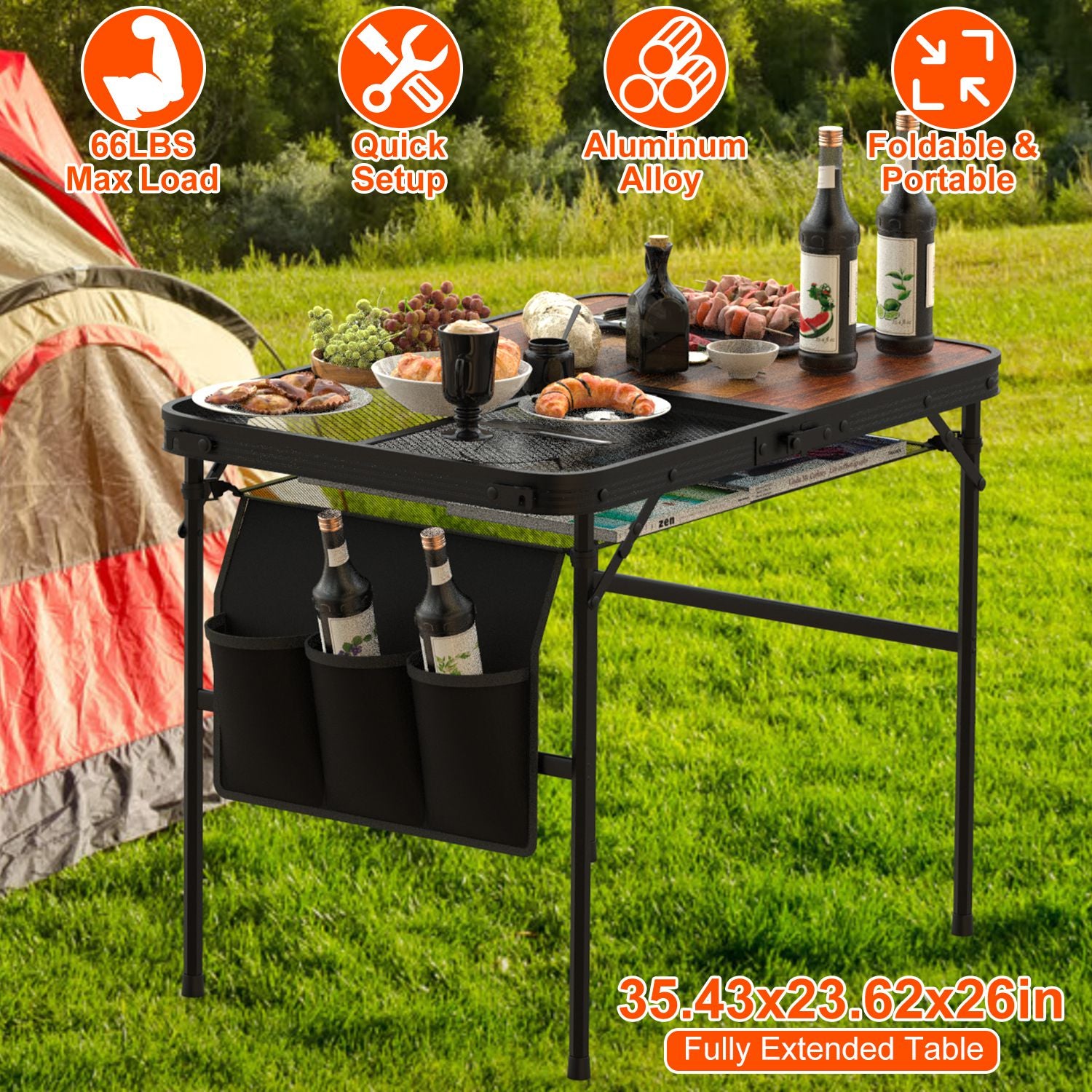 1Pc 35.43x23.62x26in Foldable Camping Table Collapsible Picnic Aluminum Alloy Grill Stand 66LBS Max Load Height Adjustable BBQ Table With Adjustable Height Storage Net
