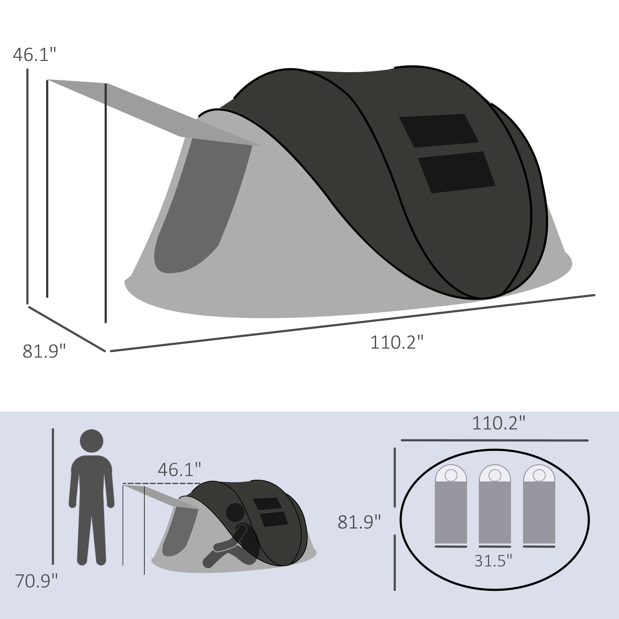 Pop Up Tent with Porch and Carry Bag, 3000mm Waterproof, for 2-3 People Camping Hiking, Black