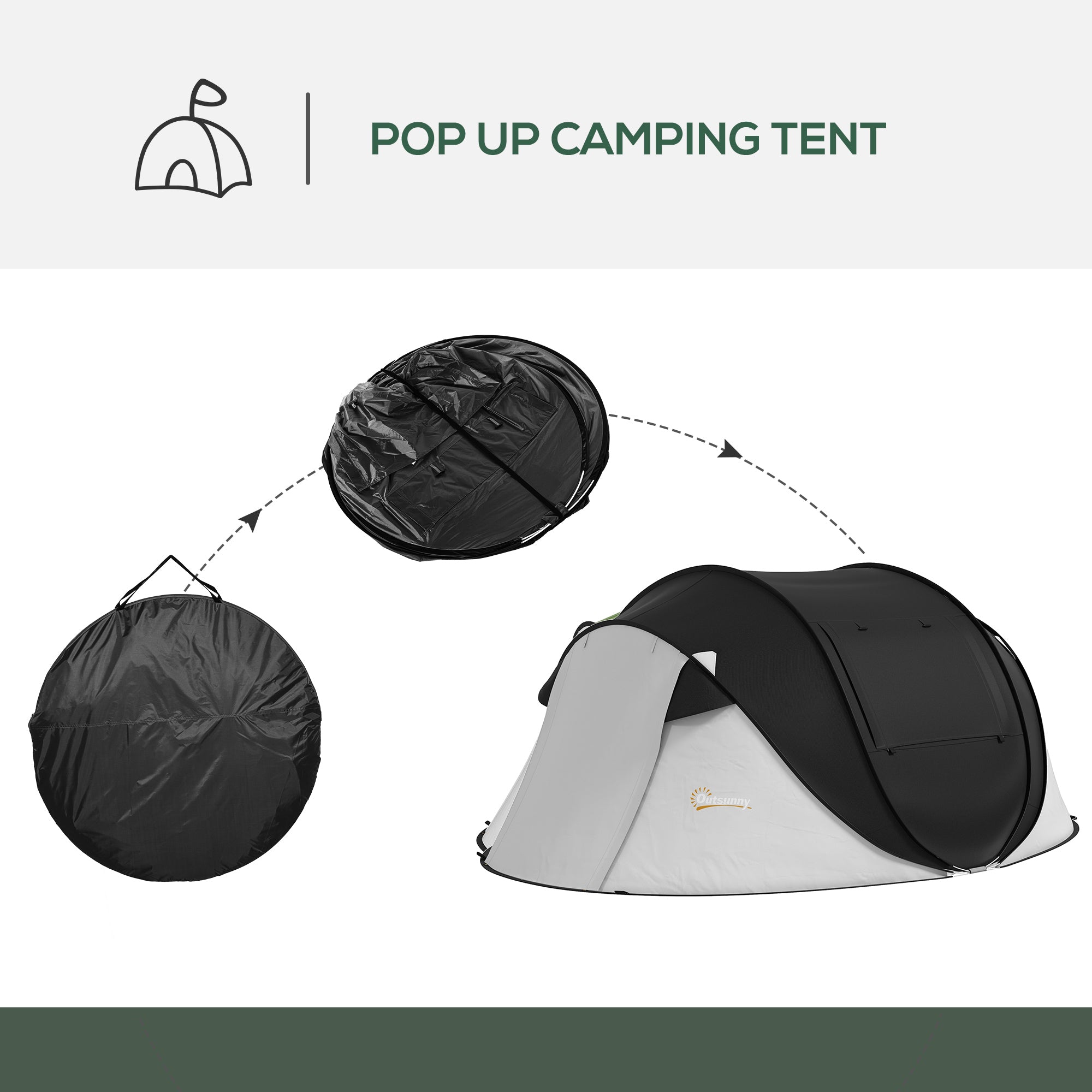 Pop Up Tent with Porch and Carry Bag, 3000mm Waterproof, for 2-3 People Camping Hiking, Black